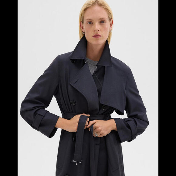 NEW Theory Relaxed Trench Coat in Stretch Flannel in dark navy Sz L #C4310 - Picture 5 of 12